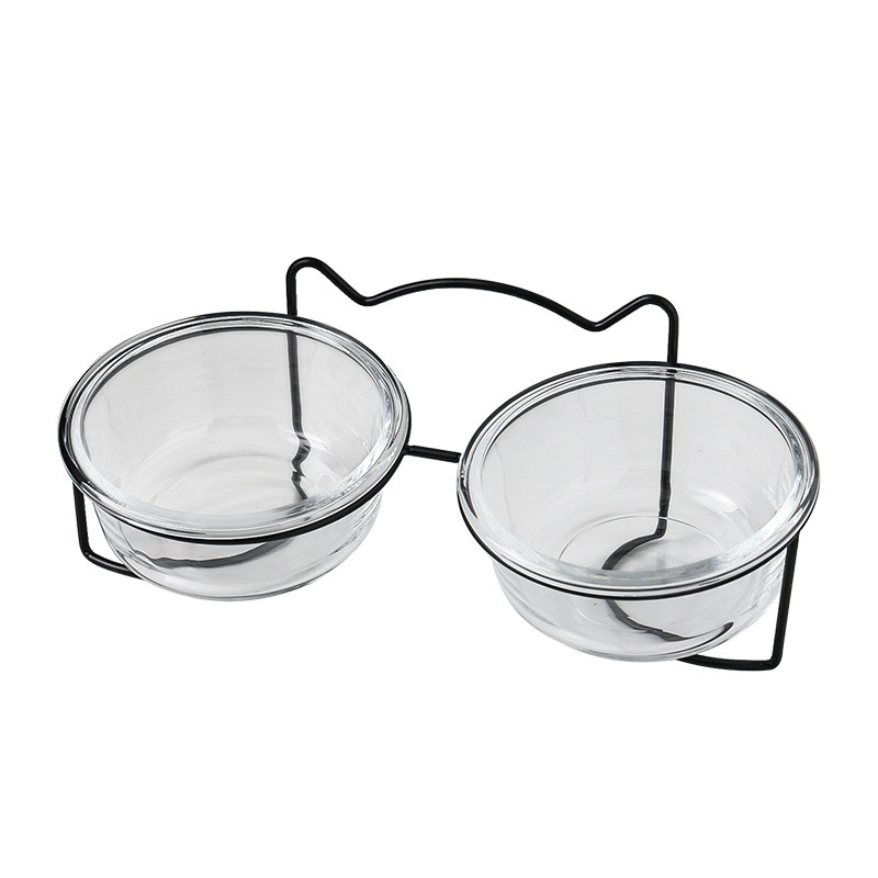 Glass Double Cat Bowl Set Non-Slip Raised Bowls for Kittens Food Water Dishes 11*13*5.5cm Size