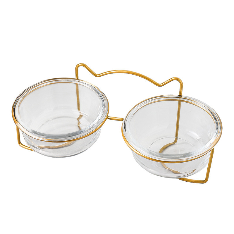 Glass Double Cat Bowl Set Non-Slip Raised Bowls for Kittens Food Water Dishes 11*13*5.5cm Size