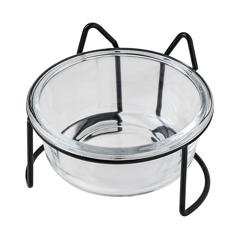 Glass Double Cat Bowl Set Non-Slip Raised Bowls for Kittens Food Water Dishes 11*13*5.5cm Size
