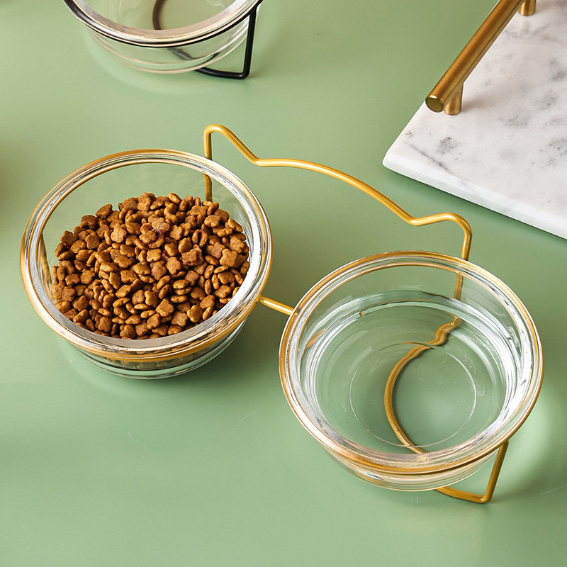 Glass Double Cat Bowl Set Non-Slip Raised Bowls for Kittens Food Water Dishes 11*13*5.5cm Size