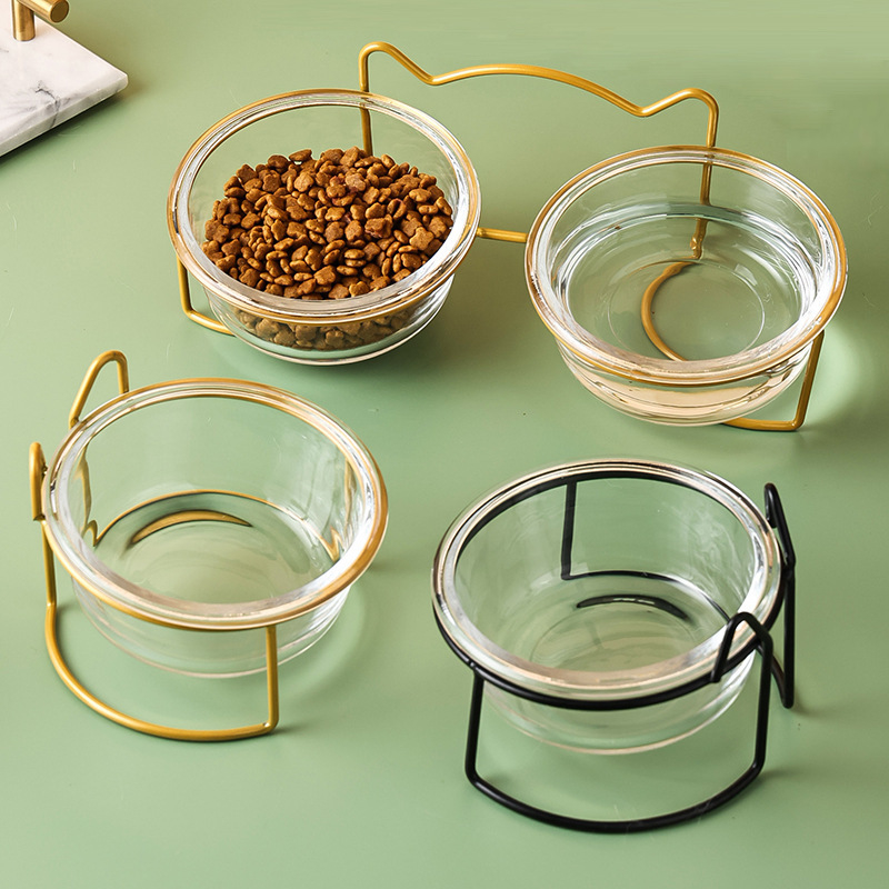 Glass Double Cat Bowl Set Non-Slip Raised Bowls for Kittens Food Water Dishes 11*13*5.5cm Size