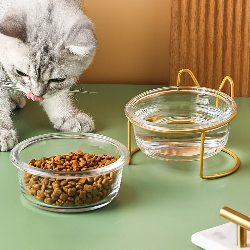 Glass Double Cat Bowl Set Non-Slip Raised Bowls for Kittens Food Water Dishes 11*13*5.5cm Size